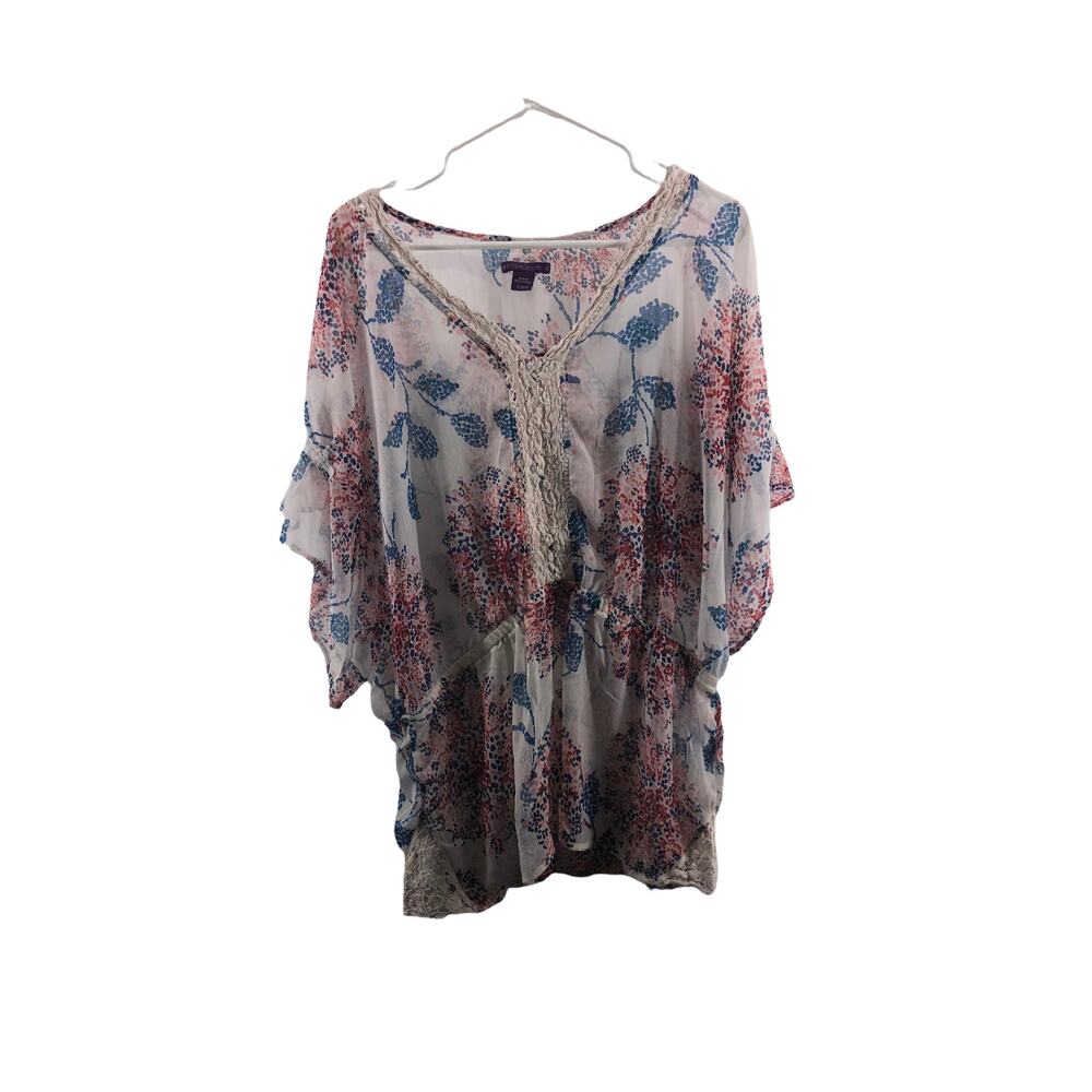 Beverly Drive Multicolored Floral Print Crochet Blouse Women's Size 16-18W